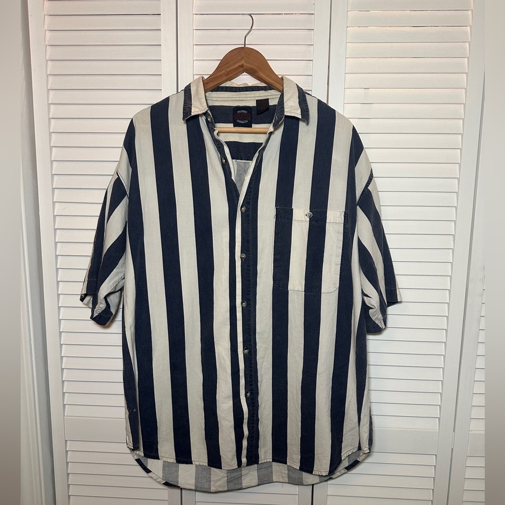 Navy and White Striped Men's Casual Shirt
